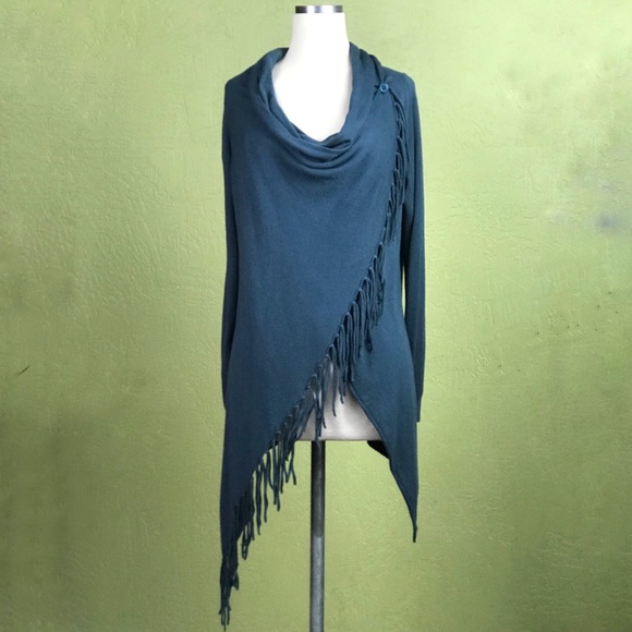 Lovestitch Sweaters - LOVESTITCH Teal Fringed Wrap Lagenlook Top Medium